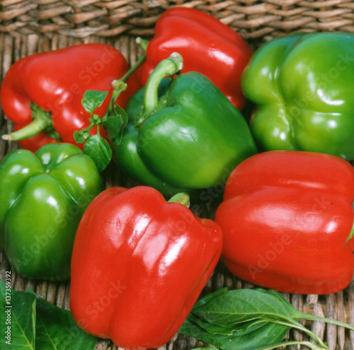 Fresh sweet red and green bell peppers