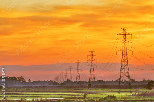 Landscape of HDR electric pole at sunset twilight