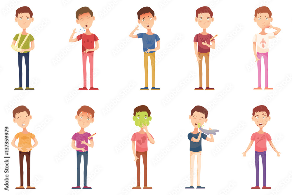 Influenza, icons, illness, cartoon with unhealthy people, boy, child. flat vector. Influenza, icons, illness, cartoon with unhealthy people, boy, child. flat vector.