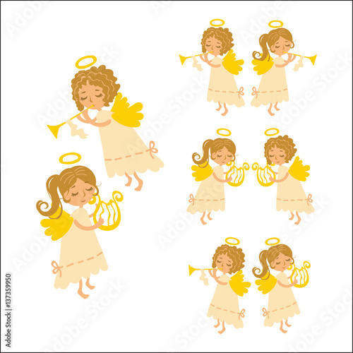 Vector set Christmas angels playing musical instruments. Muse angel with a harp and curly angel - Cupid with a pipe in a white dress.