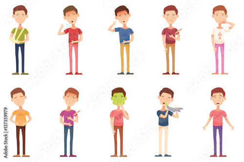 Influenza, icons, illness, cartoon with unhealthy people, boy, child. flat vector.