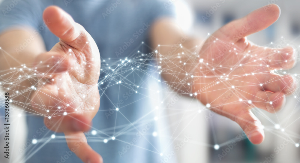 Fototapeta premium Dot flying network held by businessman 3D rendering