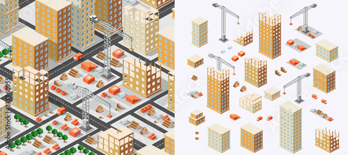 Industrial construction isometrics in the big city skyscrapers under construction, houses and buildings