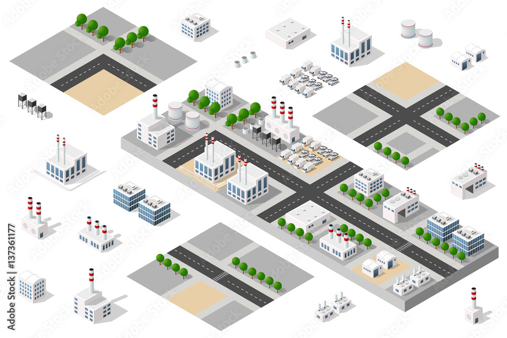 Isometric 3D city urban factory set which includes buildings, power ...