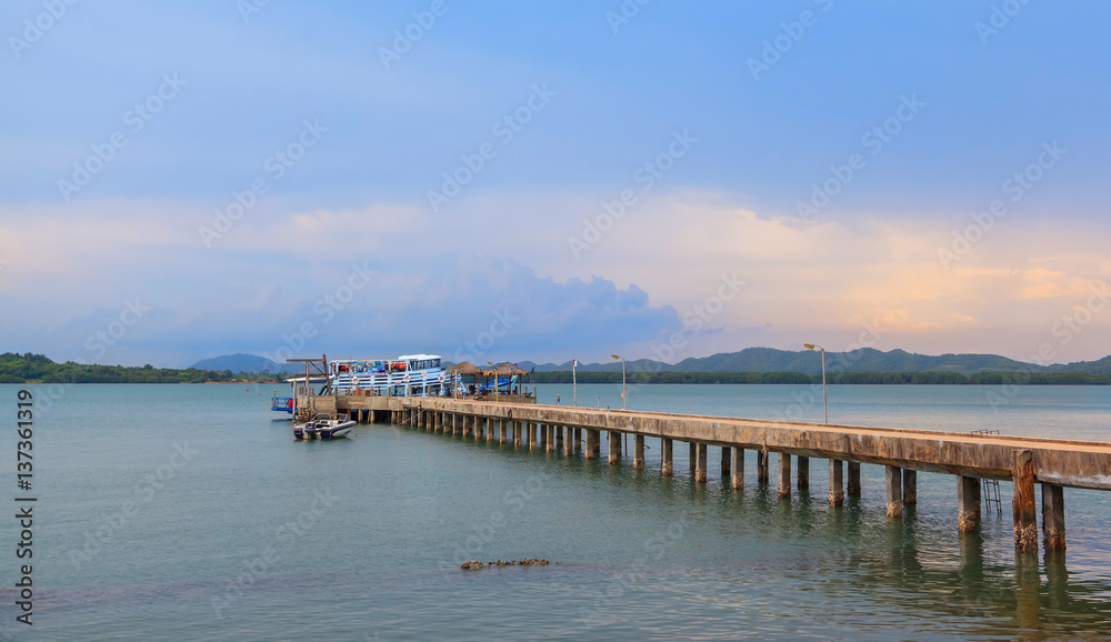 Concrete pier in Chanthaburi bay at sunset, Thailand