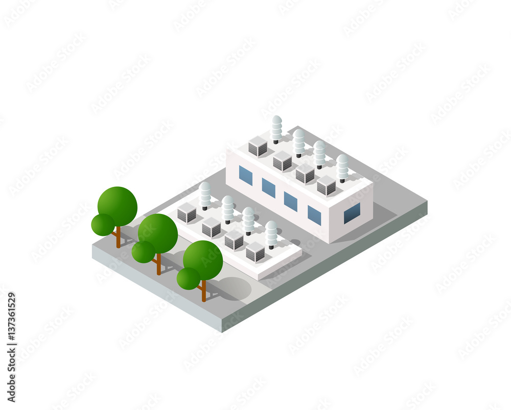 Isometric 3D city urban factory which includes buildings, power plant, heating gas, warehouse, elevator exterior. Flat map isolated infographic element set industrial structures Isometric 3D city urban factory which includes buildings, power plant, heating gas, warehouse, elevator exterior. Flat map isolated infographic element set industrial structures
