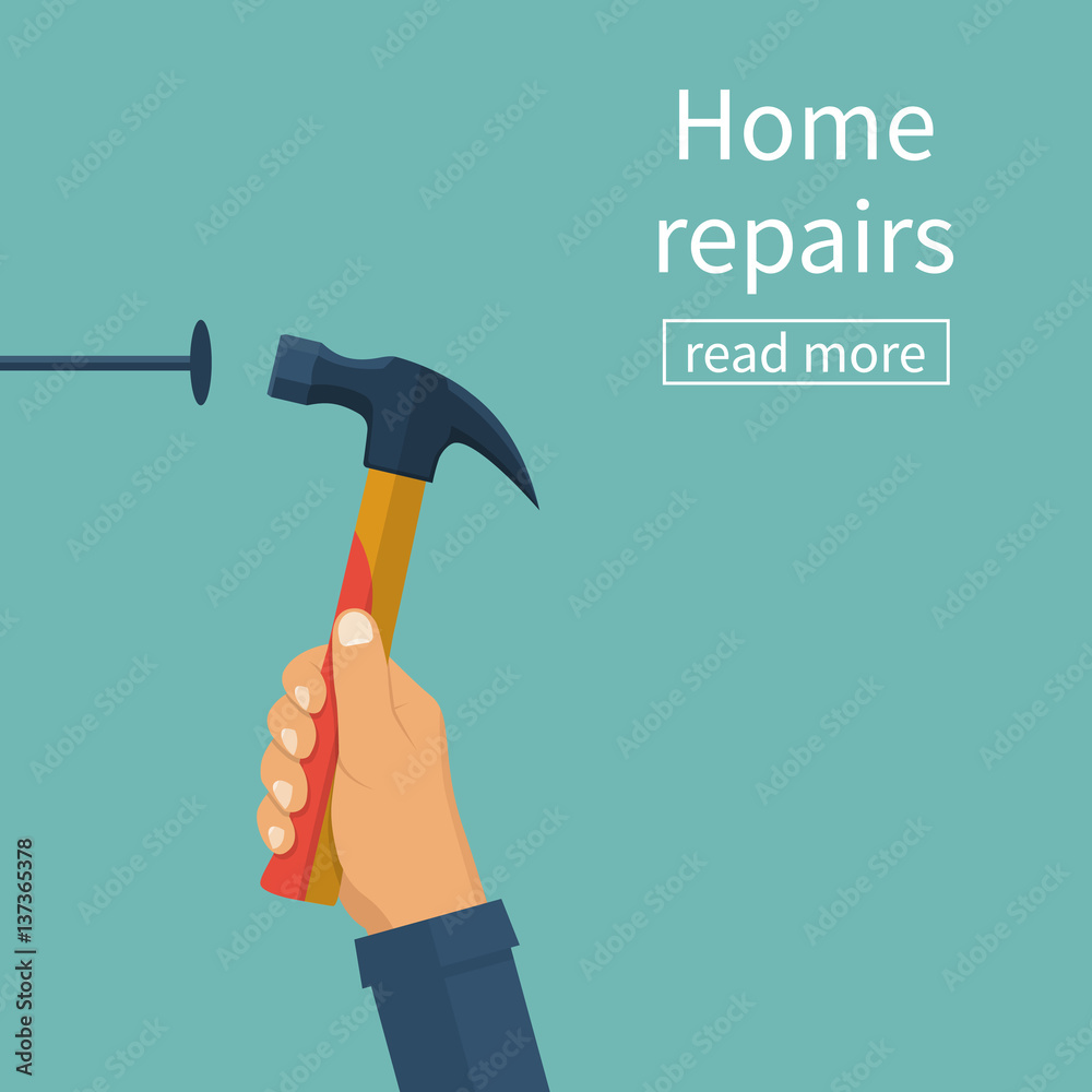 Home repairs concept. Vector illustration flat design. Isolated on  background. Man hammers a nail into a wall. Renovation house. Template  construction work. Holding a hammer in hand. Stock Vector | Adobe Stock