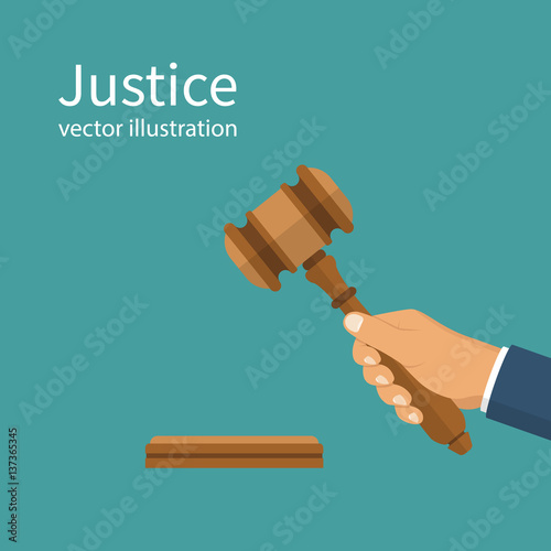 Justice. Hand holding judges gavel. Vector illustration flat style design. Isolated on background. Symbol of law. Businessman in a suit holds an auction.