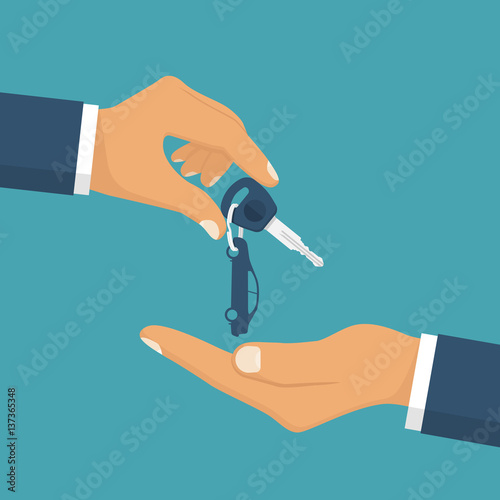 Give the car key. Take auto key.  Buy, rent a vehicle. Vector illustration flat design. Isolated on background. Car pass deal.