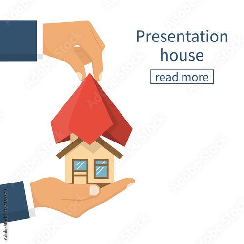 Presentation home. House hold in hand covered red silk cloth. Opening construction concept. Vector illustration flat design. Isolated white background. Estate transaction. Show new build house.