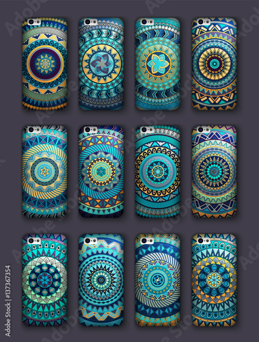 Phone cover collection, boho style pattern. Vector background. Vintage decorative elements. Hand drawn . Islam, arabic, indian, ottoman motifs.