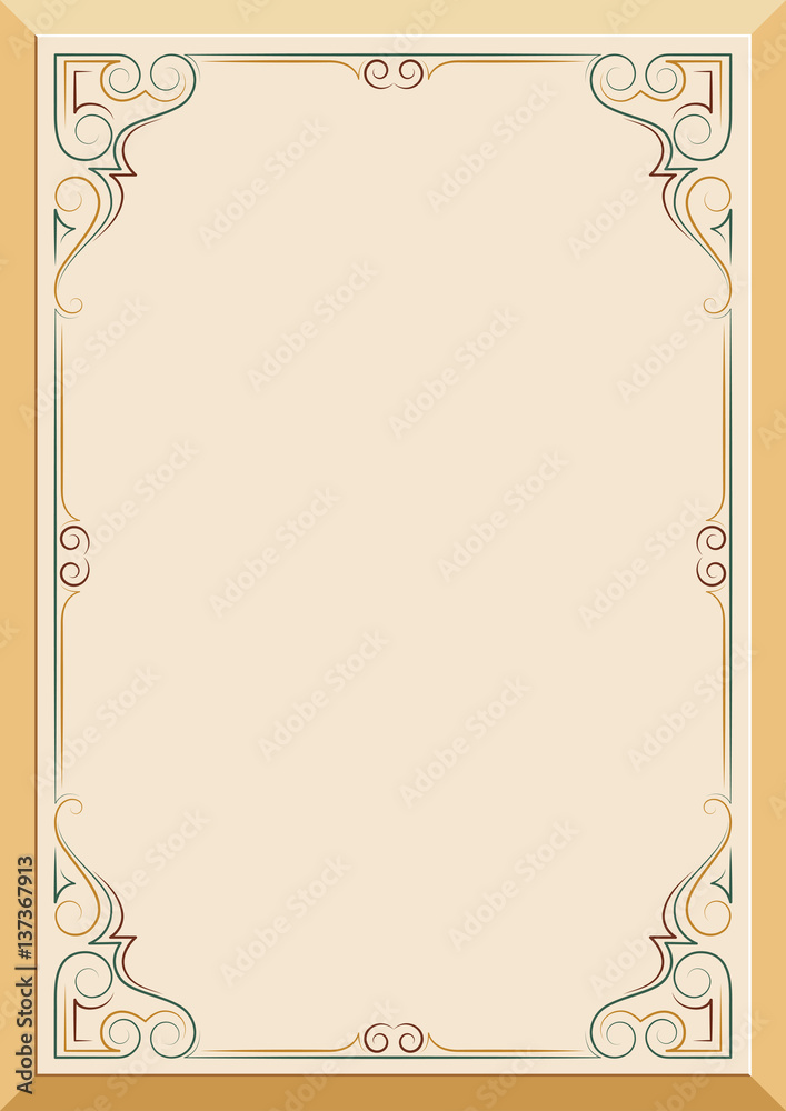 Ornate rectangular color frame on light background, calligraphic lines. A4 page proportions.