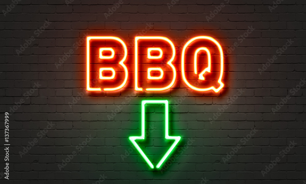 Obraz premium BBQ neon sign on brick wall background.