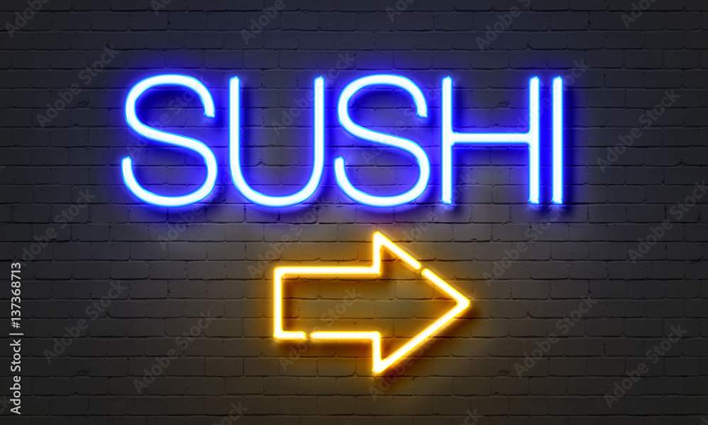 Sushi neon sign on brick wall background. Sushi neon sign on brick wall background.
