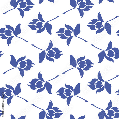 Seamless pattern with floral element in blue on a white background.