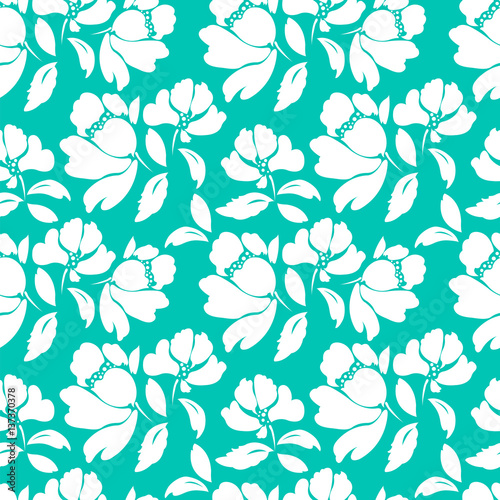 Seamless ornamental pattern with floral elements in a turquoise color.