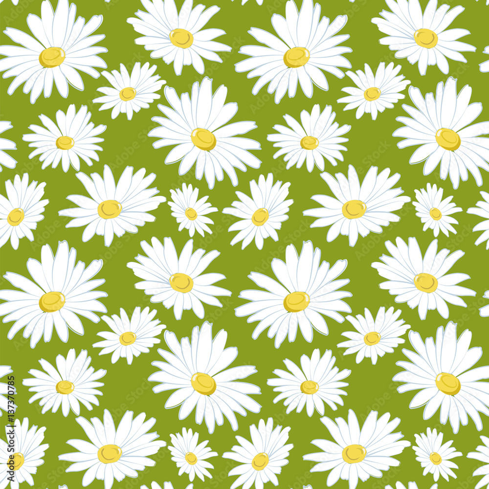 Seamless pattern with white daisies on a green background.