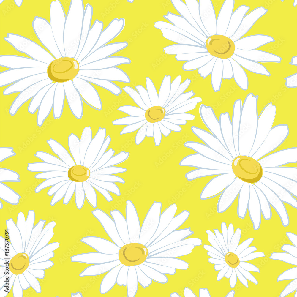 Fototapeta premium Seamless pattern with white daisies on a yellow background.