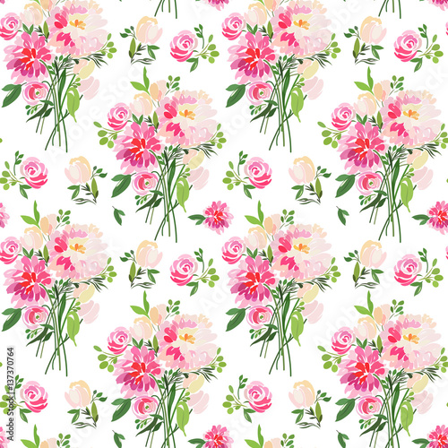 Seamless pattern with summer flowers roses, asters, tulips and leaves.