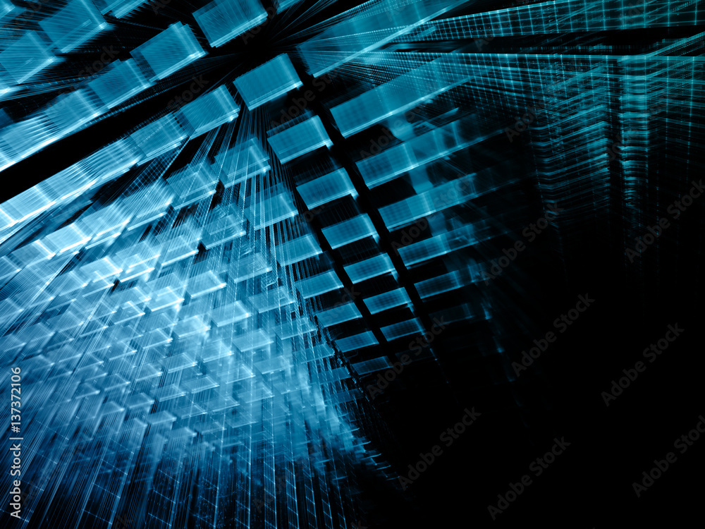 Naklejka premium Abstract background element. Fractal graphics series. Three-dimensional composition of repeating transparent shapes. Information technology concept. Blue and black colors.