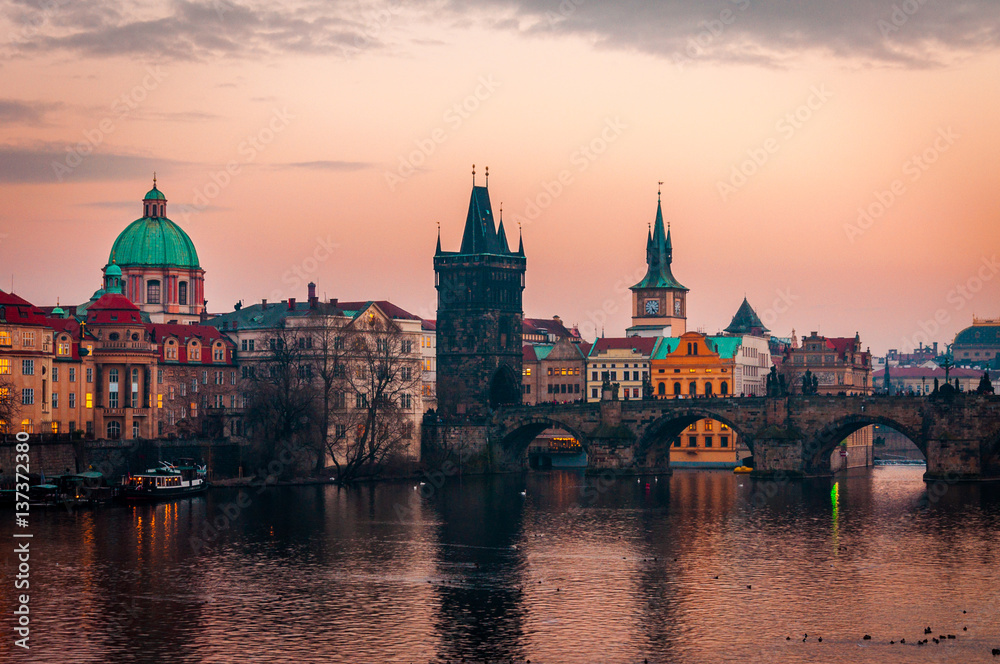 The City of Prague, River Vltava and the Charles Bridge.