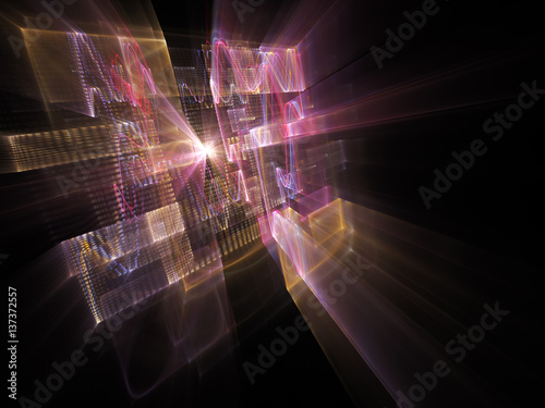 Abstract background element. Three-dimensional composition of wave shapes, grids and beams. Electronics and media concept. Blue, red and yellow colors on black.