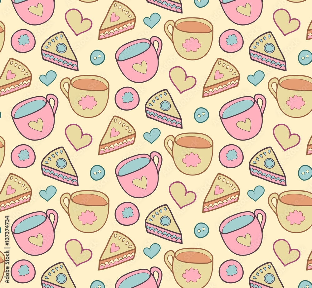 Cute morning vector seamless pattern with cake, heart, cup ...
