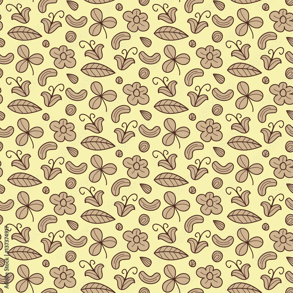 Floral vector seamless pattern with flower, nut, clover, leaf. Forest items natural background. Endless texture. Floral vector seamless pattern with flower, nut, clover, leaf. Forest items natural background. Endless texture.