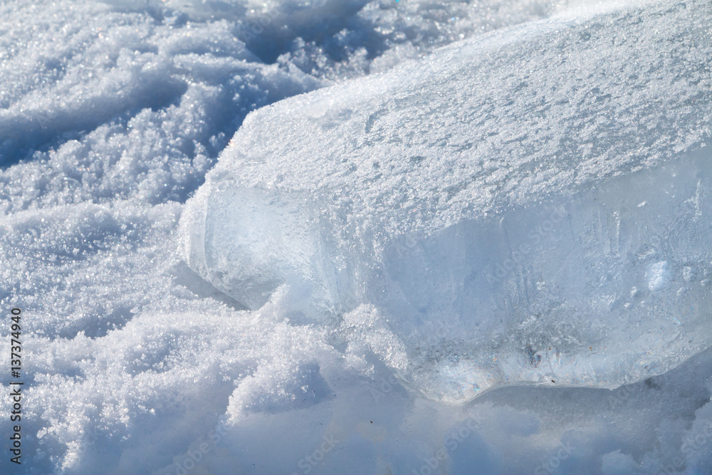 Snow and ice on sunny day.