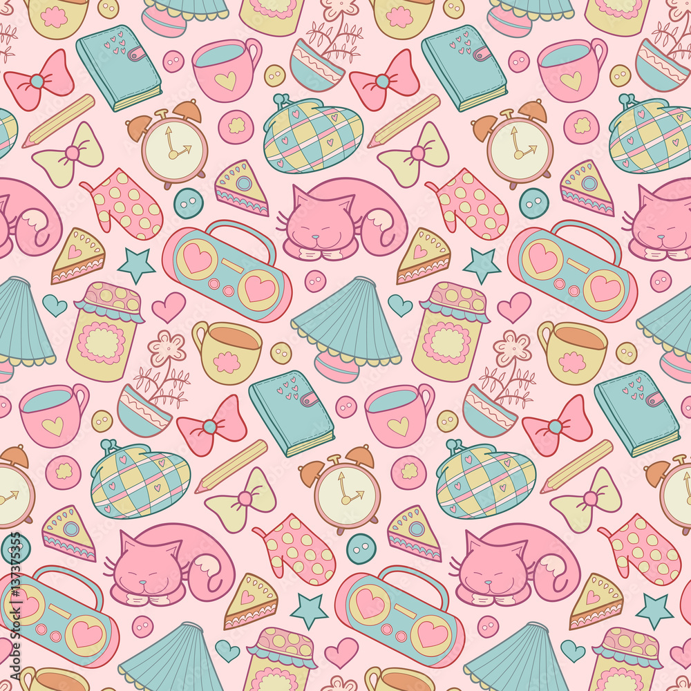 Sweet Home vector seamless pattern. Set of vector design home elements, cute cat, cups of coffee, cake, alarm clocks etc