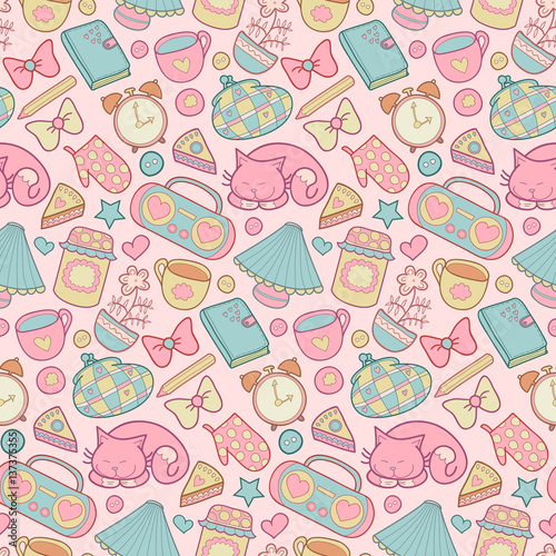 Sweet Home vector seamless pattern. Set of vector design home elements, cute cat, cups of coffee, cake, alarm clocks etc