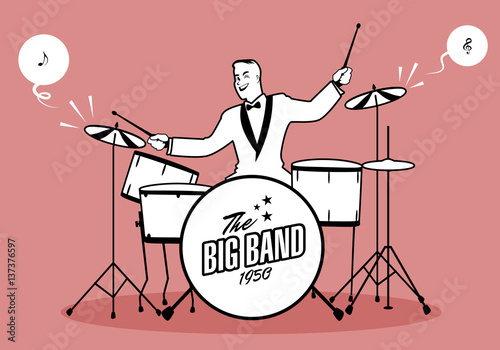 Retro cartoon music. Drummer player playing a song. Musical note