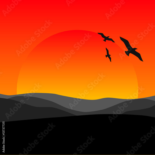 Sunset in the mountains. Vector illustration.