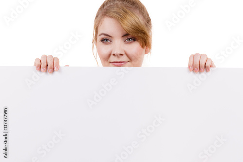 Woman with blank presentation board banner sign