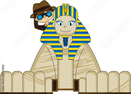 Cartoon Mini Explorer and Egyptian Sphinx