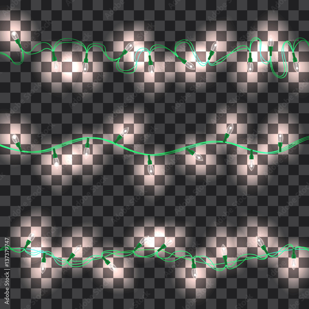 Set of white shining garland lights with holders isolated on transparent background. Christmas, New Year party decoration realistic design elements. Glowing lights for Xmas. Holiday greeting design. Set of white shining garland lights with holders isolated on transparent background. Christmas, New Year party decoration realistic design elements. Glowing lights for Xmas. Holiday greeting design.