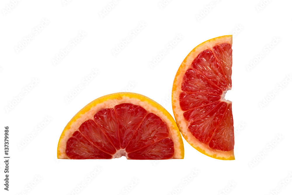 Half and slice of orange isolated on white background.