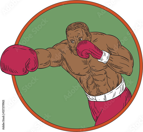 African-American Boxer Right Hook Circle Drawing