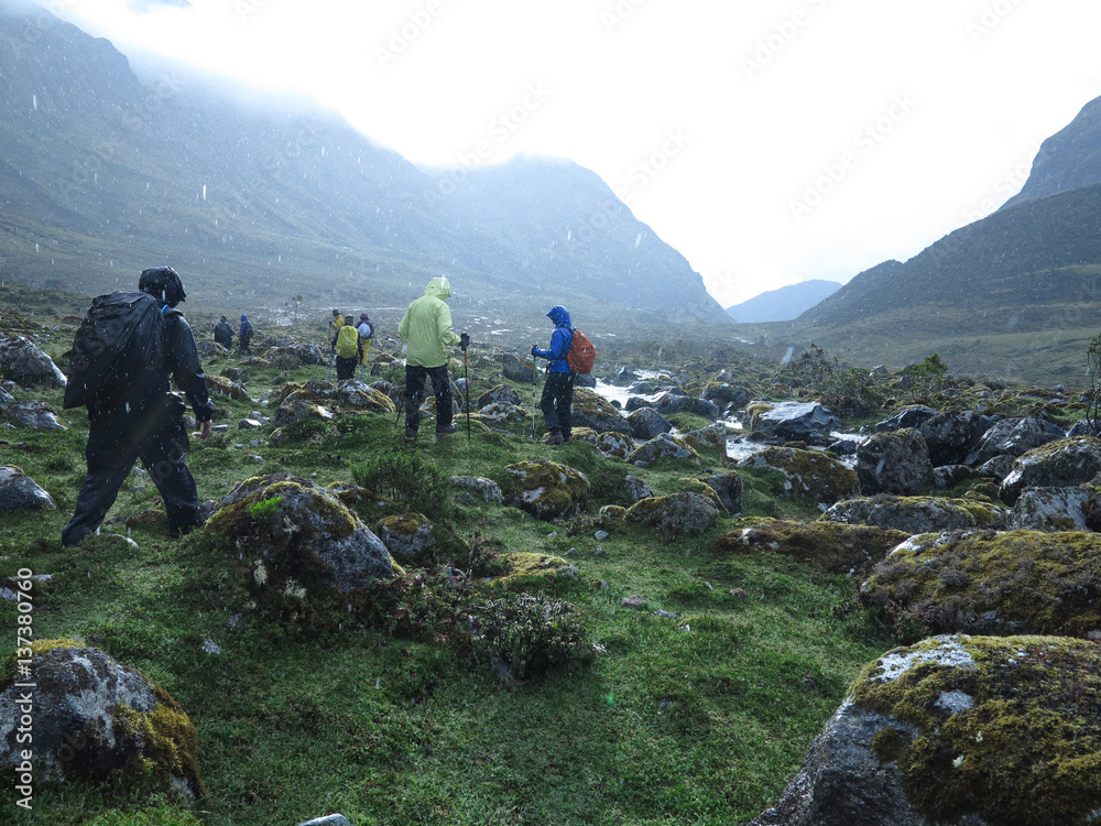 Obraz premium Peru -Trekking over bog in rain