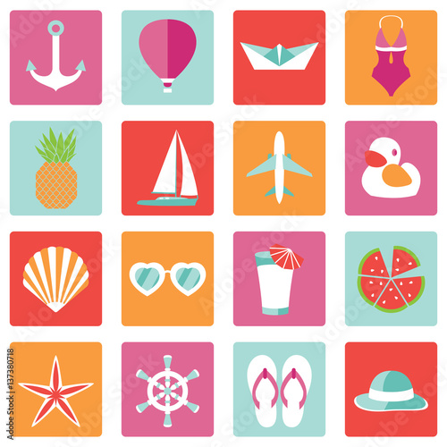 Vector illustration of colorful summer symbols ans objects