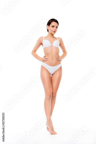Full photo of sexy beautiful girl demonstrate her perfect body