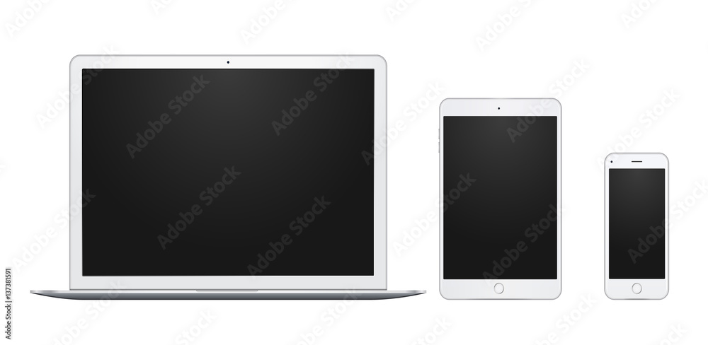 Set of white laptop, tablet and phone, all single and isolated, with blank screens. Set of white laptop, tablet and phone, all single and isolated, with blank screens.