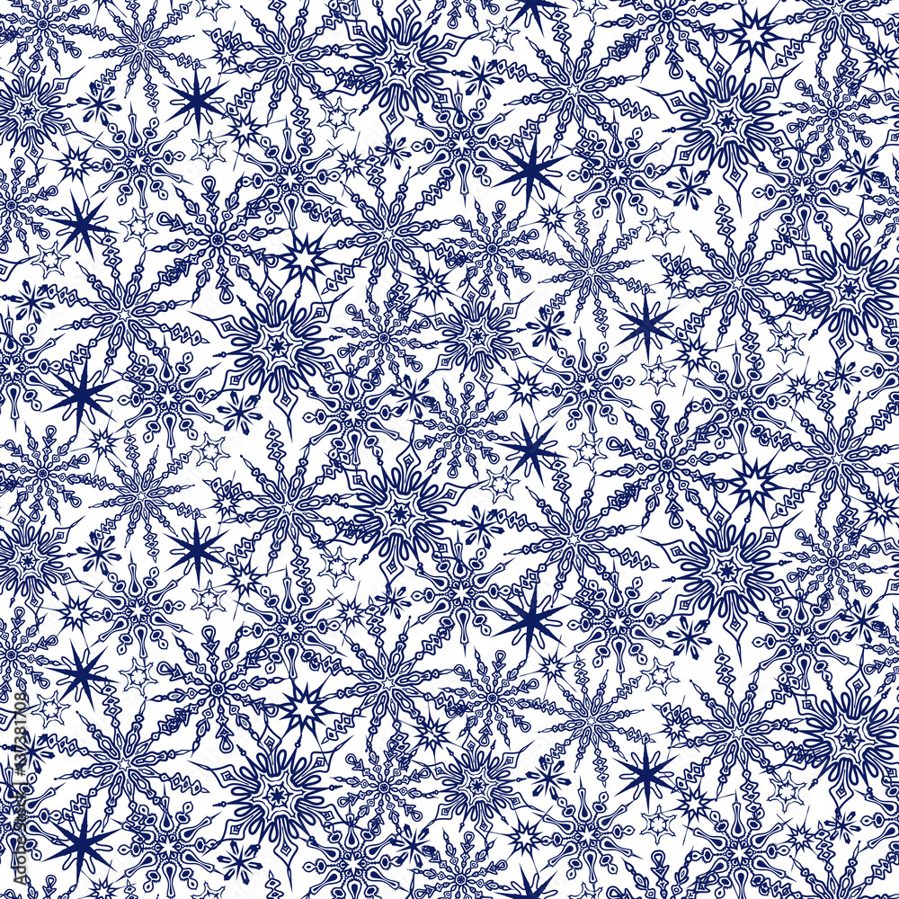 Winter pattern with various falling snowflakes