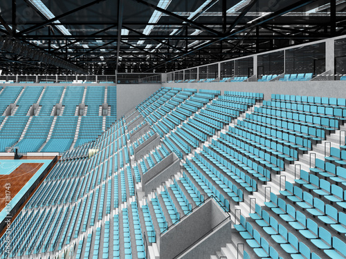 Beautiful sports arena for basketball with sky blue seats and VIP boxes