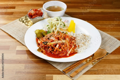 Ojingeo deopbap. Spicy Stir-fried Squid with Rice  photo