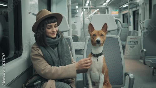 Front view on attractive girl in hat travelling by train and stroking clever calm ginger dog basenji