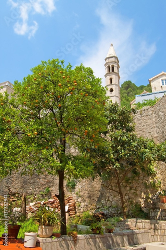 Yard and Our Lady of the Rosary Church in Perast town, Montenegro, Europe