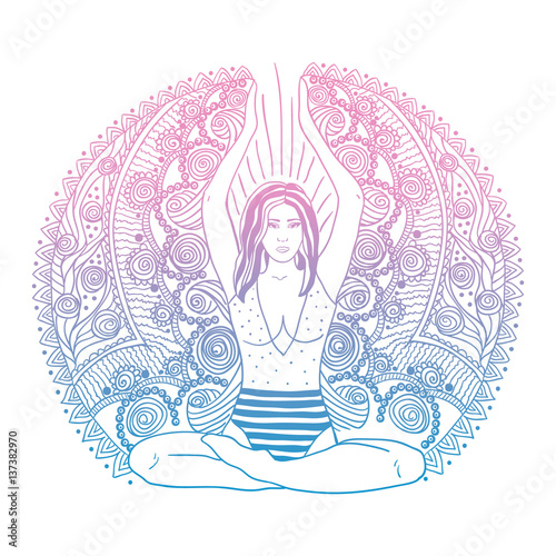 Young pretty girl doing yoga. Vintage decorative vector illustration. Hand drawn background. Mehenidi ornate decorative style. Yoga studio concept, Indian