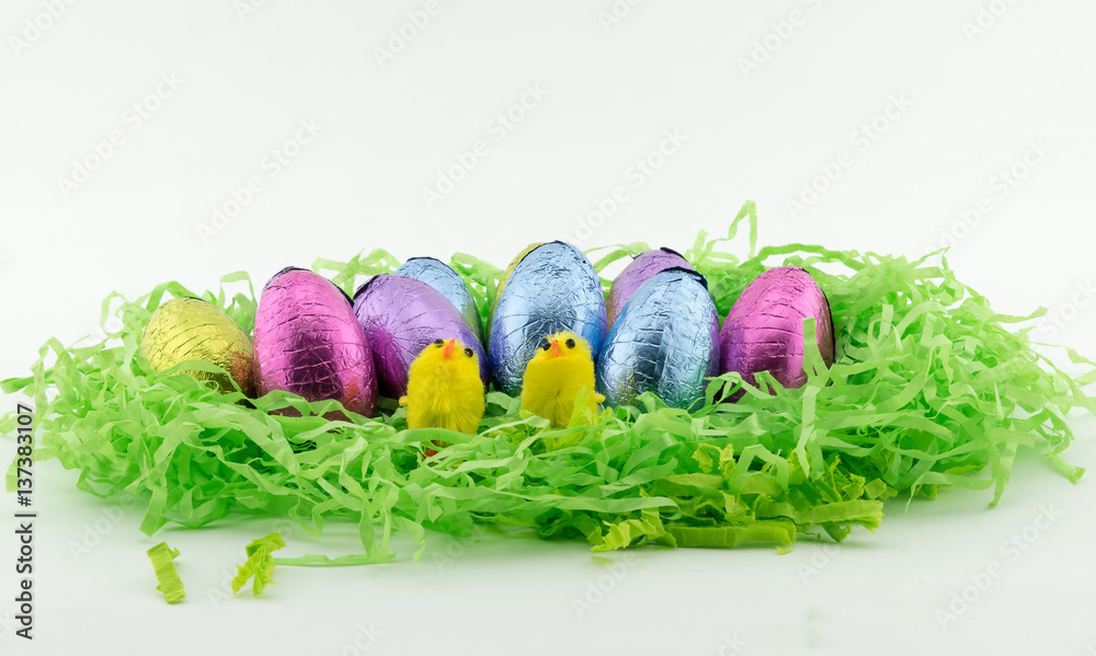 Easter Eggs on green paper with chicken Easter Eggs on green paper with chicken