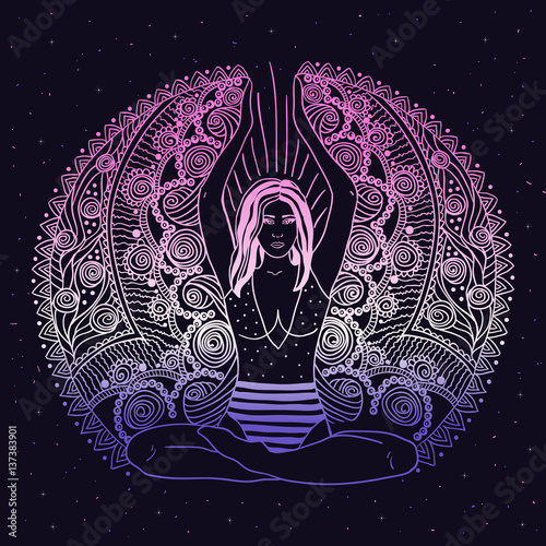 Young pretty girl doing yoga. Vintage decorative vector illustration. Hand drawn background. Mehendi ornate decorative style. Yoga studio concept, Indian